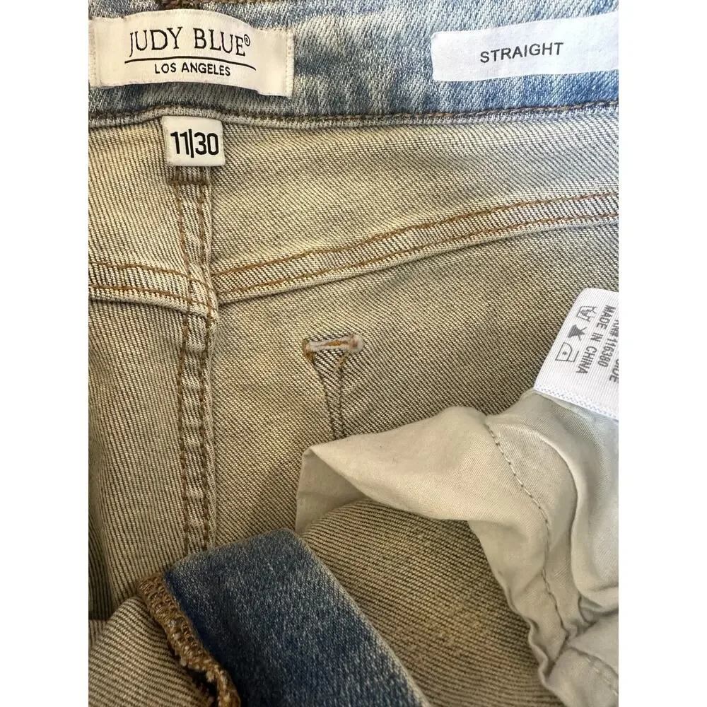 Judy Blue Adrian High Rise Straight Leg Jeans Distressed Slit Hem Size 11 30 - Picture 9 of 16